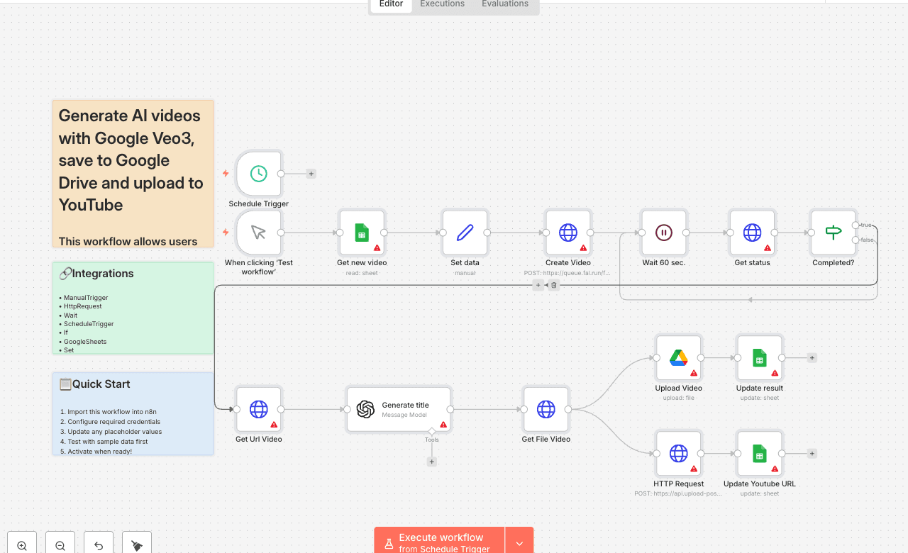 Generate AI videos with Google Veo3, save to Google Drive and upload to YouTube