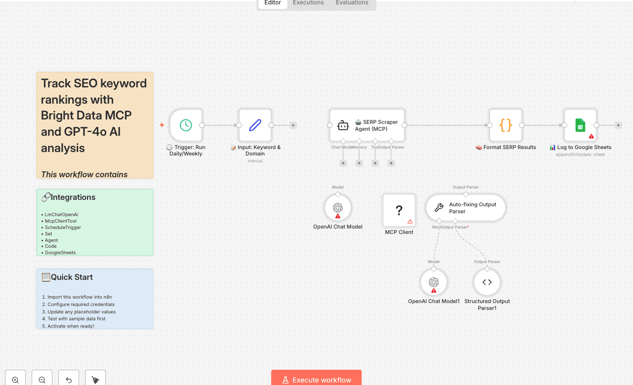 Track SEO keyword rankings with Bright Data MCP and GPT-4o AI analysis