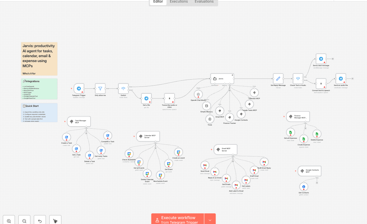Jarvis: productivity AI agent for tasks, calendar, email & expense using MCPs